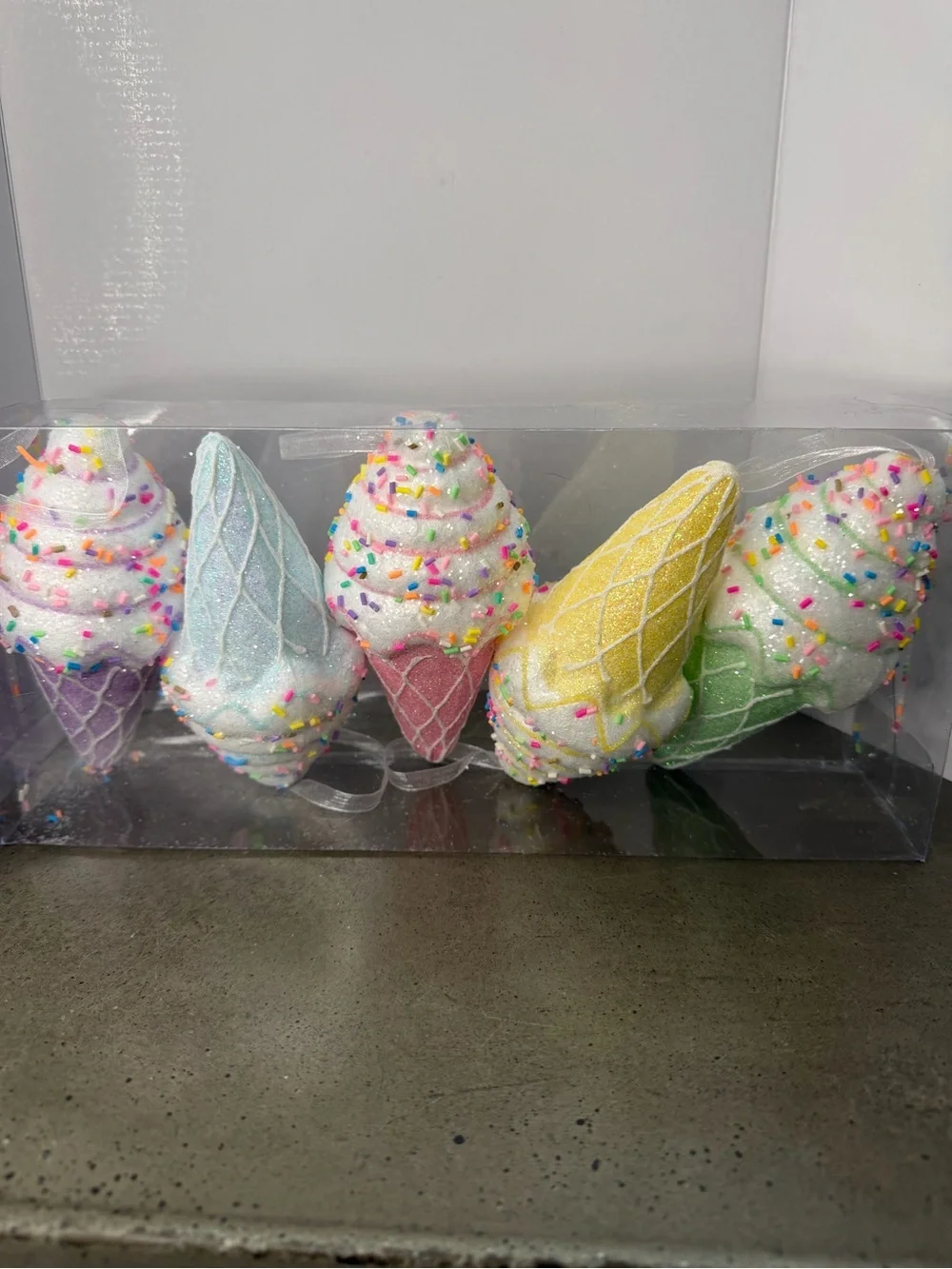 Set of 5 Glitter Foam Ice Cream Cone Christmas Tree Decorations Sprinkles Candy